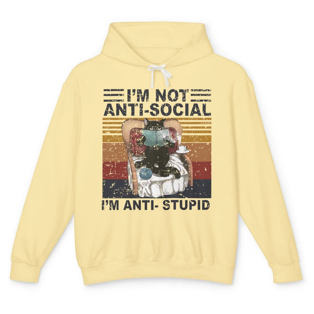 Retro Cat Reading I'm Not Anti-Social I'm Anti-Stupid Book Unisex Lightweight Hoodie