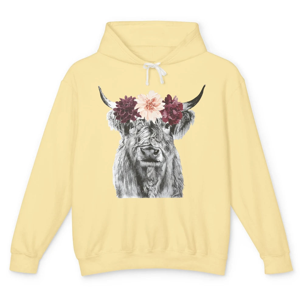 Heifer Highland Cow Flowers Farm Life Animal Floral Retro Unisex Lightweight Hoodie