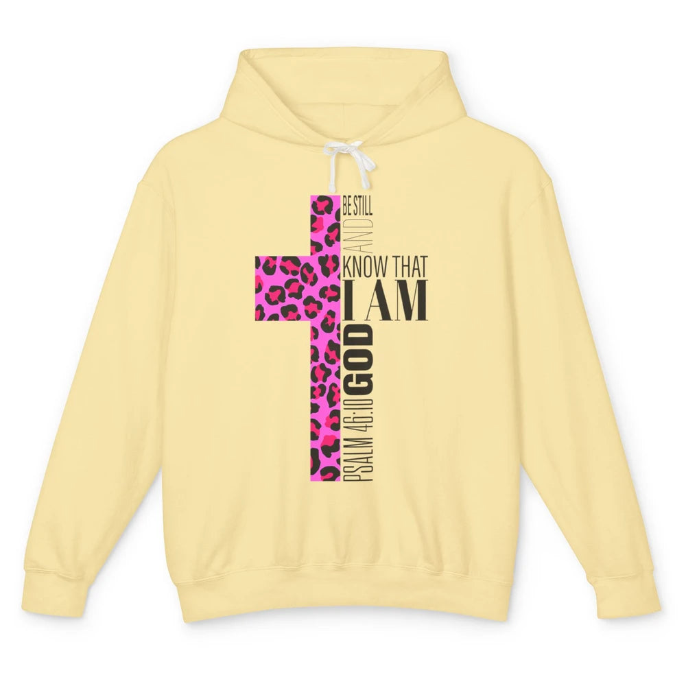 Religious Cute Be Still Bible Christian Pink Cheetah Cross Unisex Lightweight Hoodie