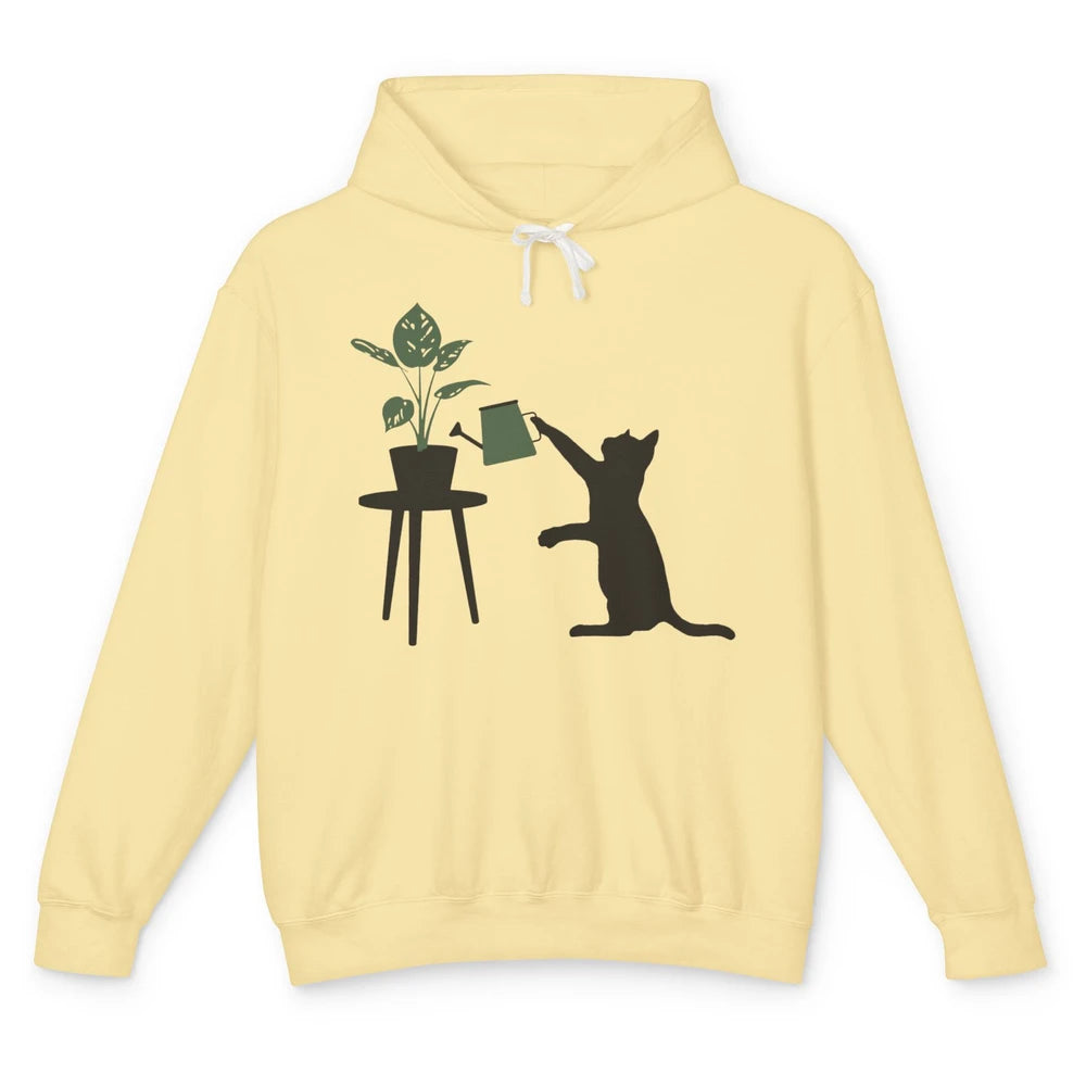 Black Cat Watering Plant Cat Gardening Planting Cat Lovers Unisex Lightweight Hoodie