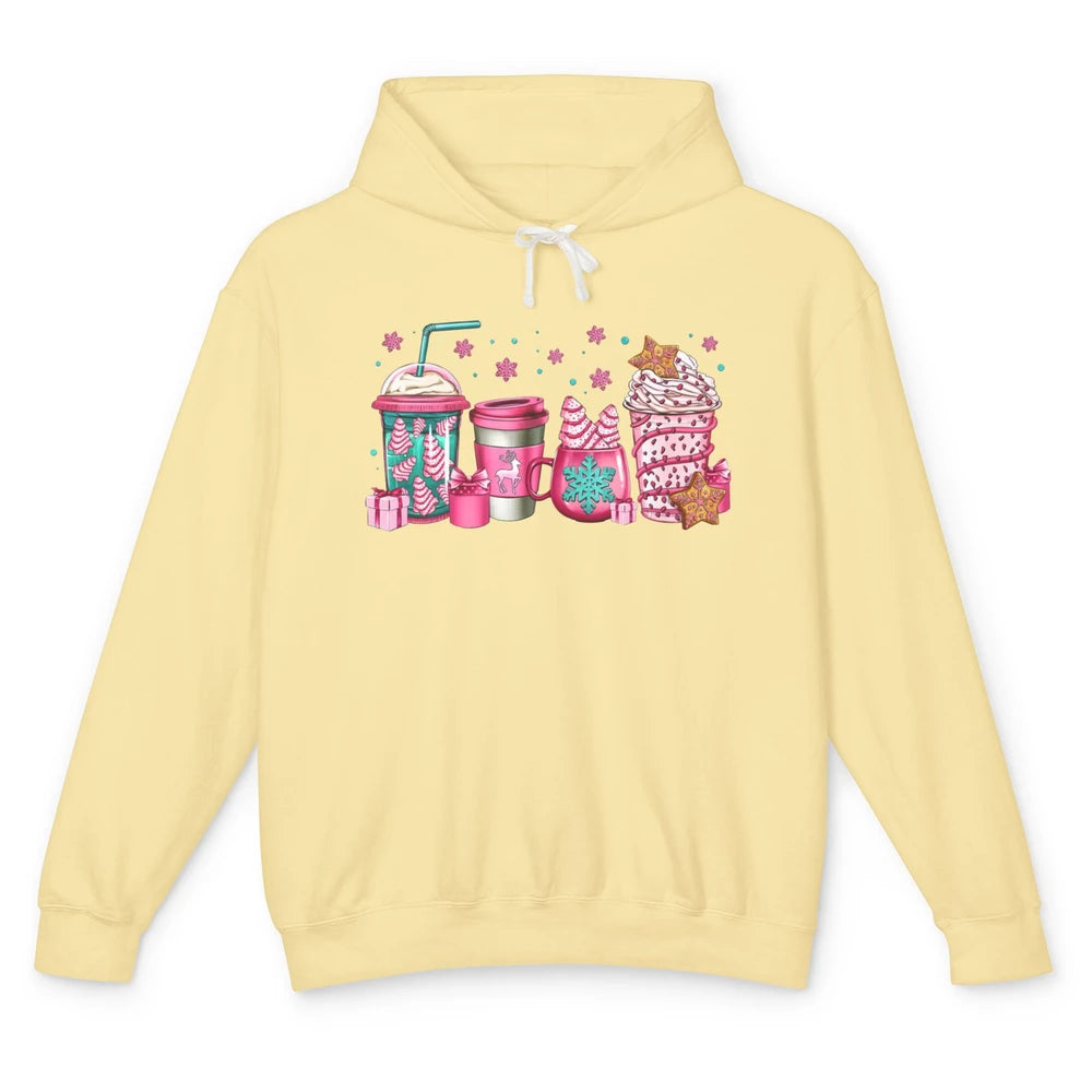 Pink Christmas Coffee Christmas Tree Cake Christmas Lovers Unisex Lightweight Hoodie