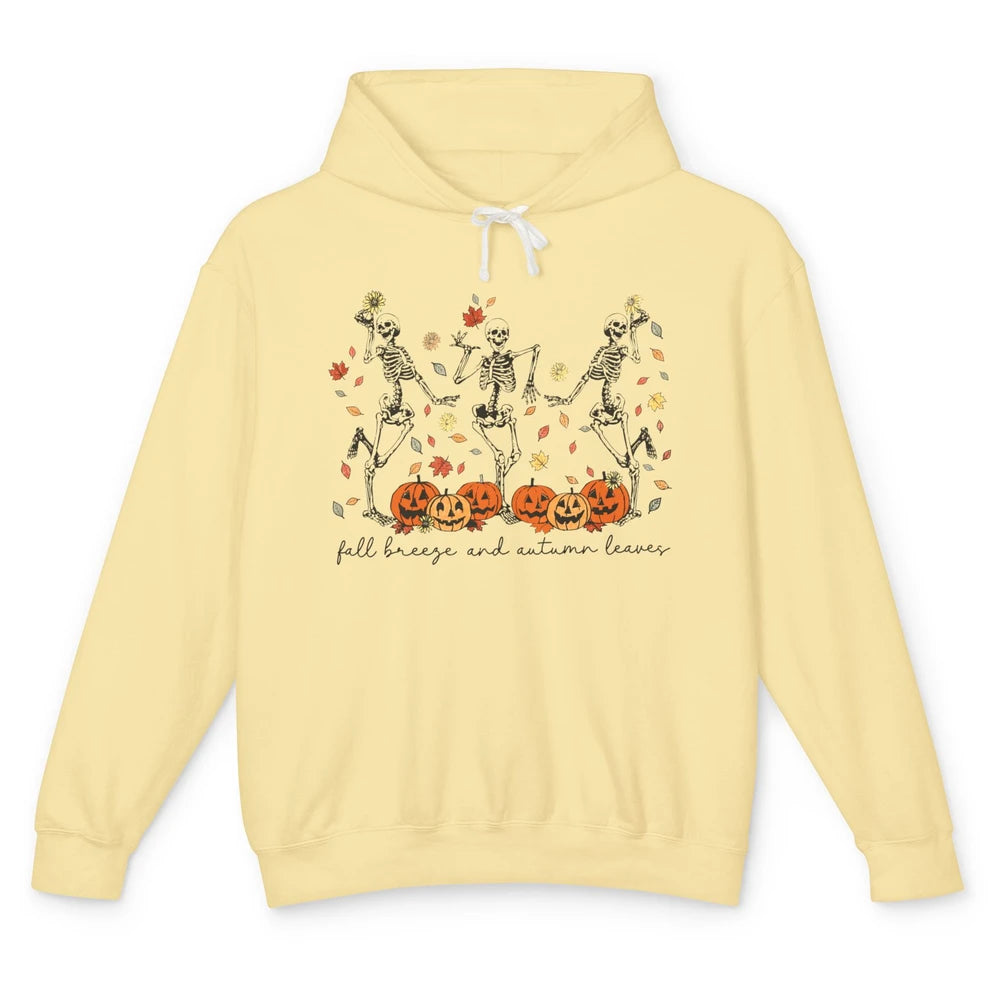 Retro Pumpkin Dancing Skeleton Fall Breeze And Autumn Leaves Unisex Lightweight Hoodie