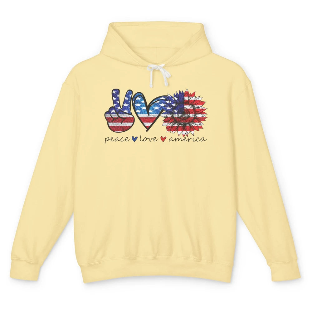 Peace Love America Flag Sunflower 4th of July Memorial Day Unisex Lightweight Hoodie