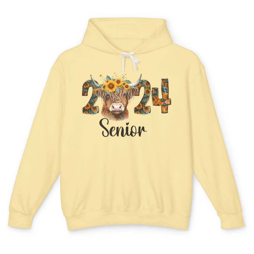 Sunflower Highland Cow Senior 2024 Graduate Bachelor Western Unisex Lightweight Hoodie