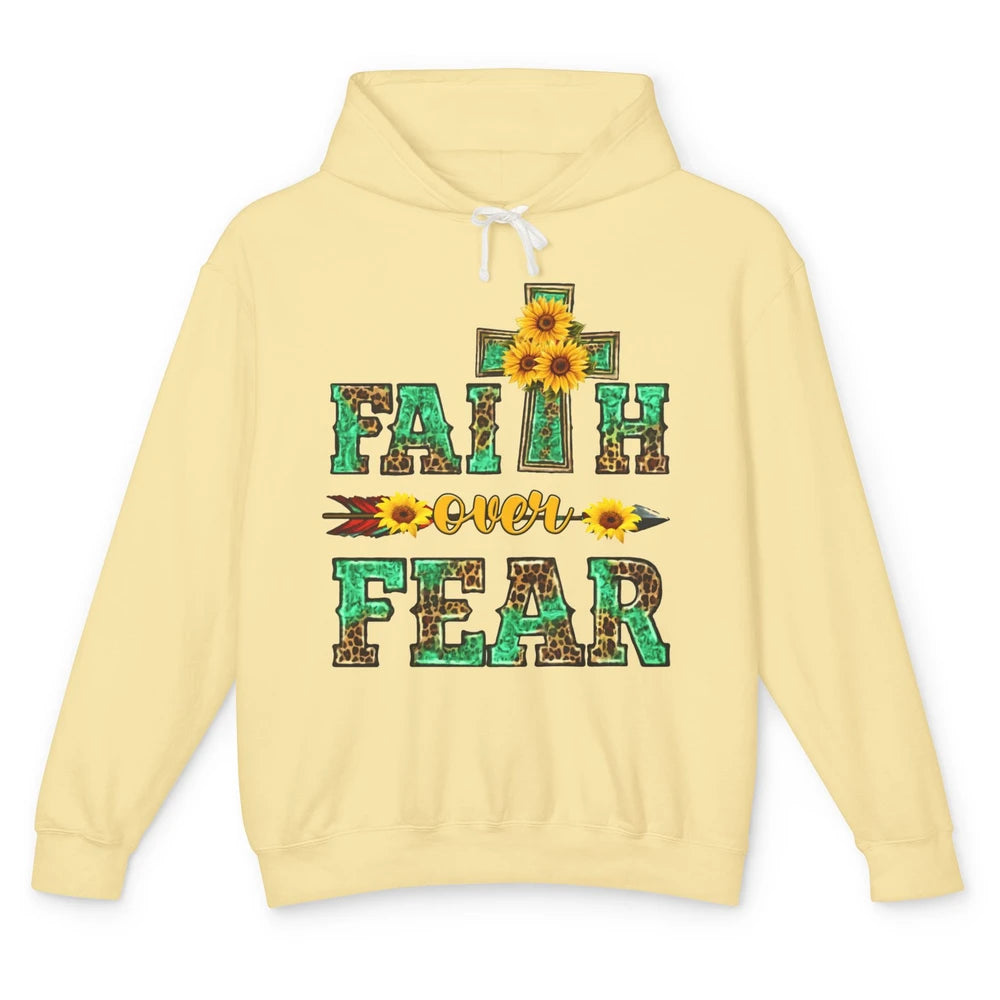 Leopard Sunflower Cross Faith Over Fear Christian Religious Unisex Lightweight Hoodie