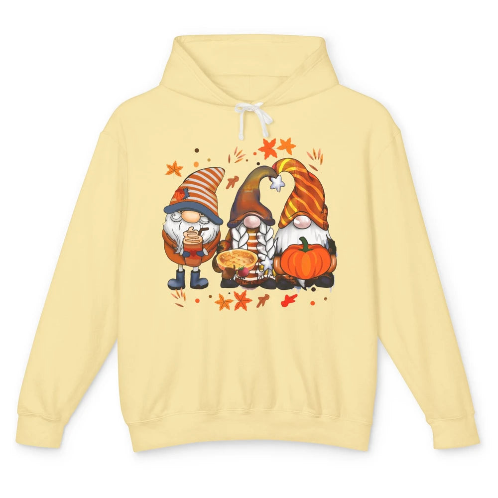 Retro Fall Gnomies Pumpkin Falling Leaves Thanksgiving Gnome Unisex Lightweight Hoodie