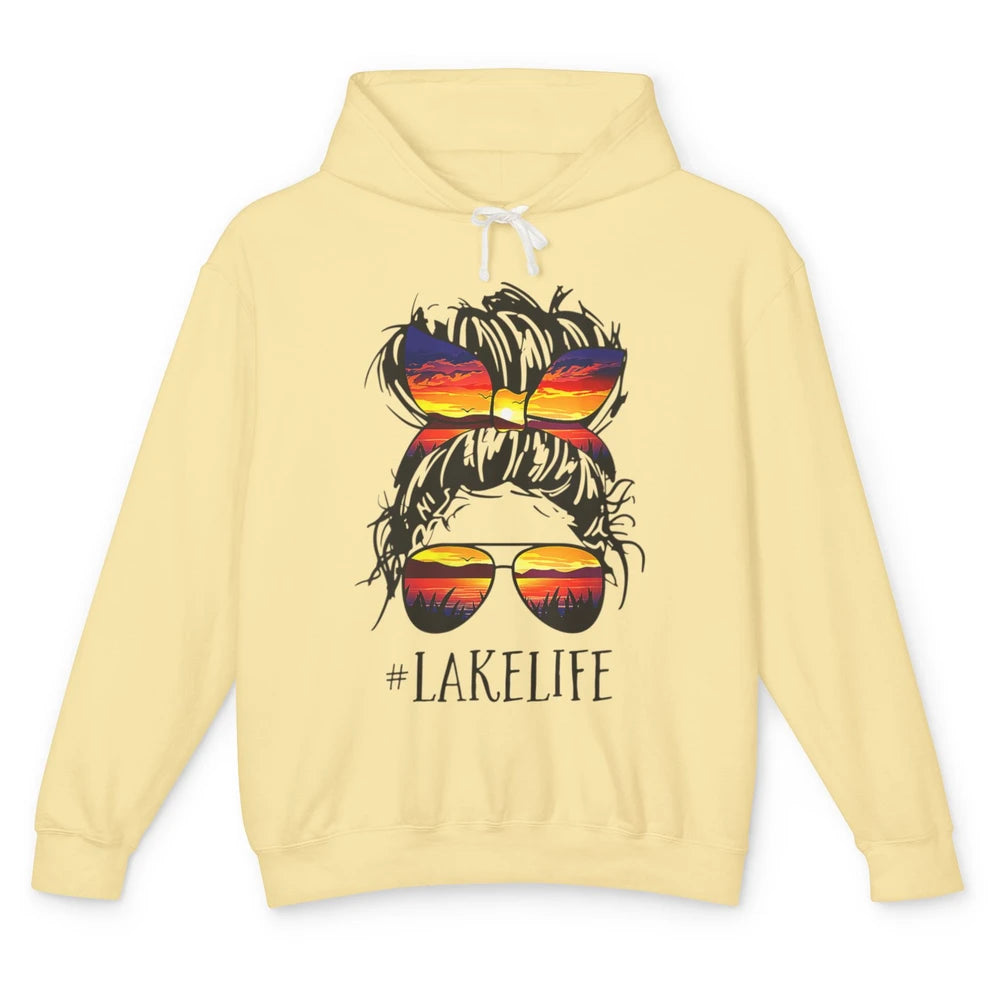 Lake Life Messy Hair Bun Woman Sunset Summer Retro Fishing Unisex Lightweight Hoodie