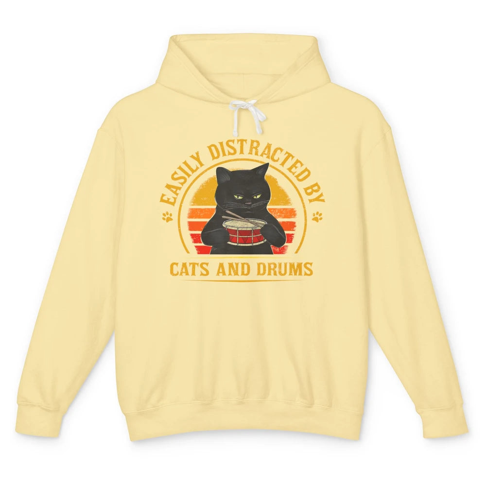 Vintage Black Cat Drummer Easily Distracted By Cat And Drums Unisex Lightweight Hoodie