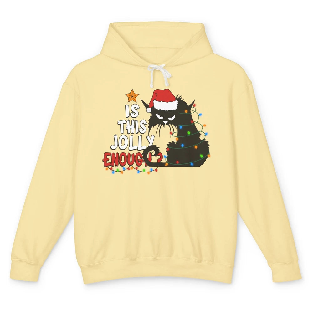 Funny Black Cat Christmas Light Santa This Jolly Enough Gift Unisex Lightweight Hoodie