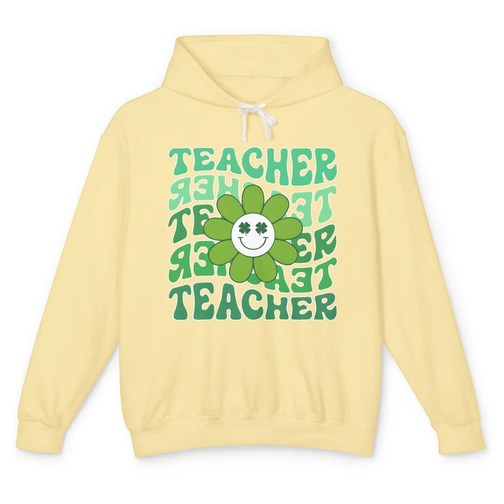 Retro Groovy Wavy Teacher Smiling Face Daisy St Patricks Day Unisex Lightweight Hoodie