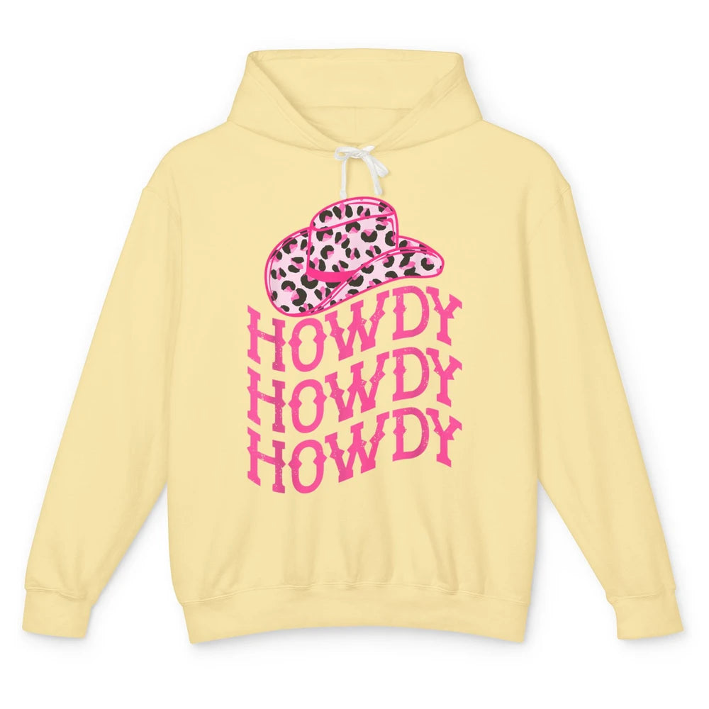 Retro Pink Leopard Cowboy Hat Howdy Western Texas Cowgirl Unisex Lightweight Hoodie