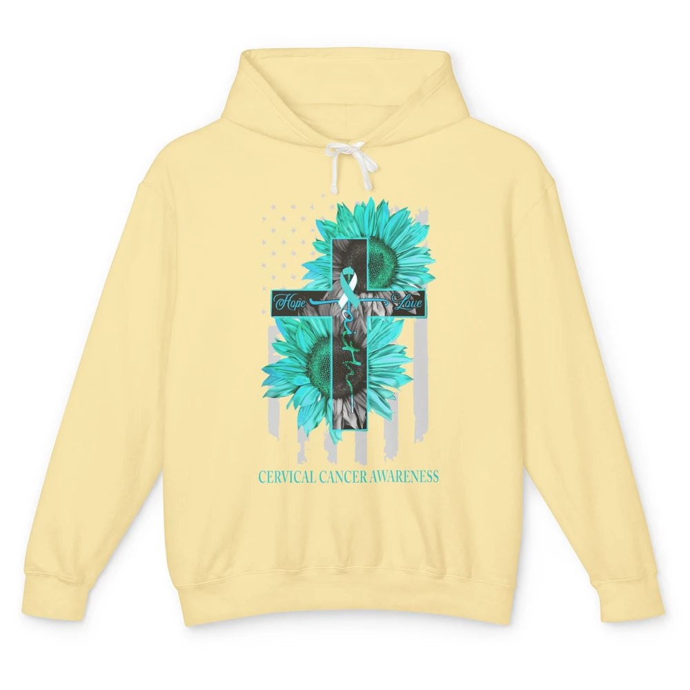 Cervical Cancer Faith Hope Turquoise US Flag Jesus Cross Unisex Lightweight Hoodie