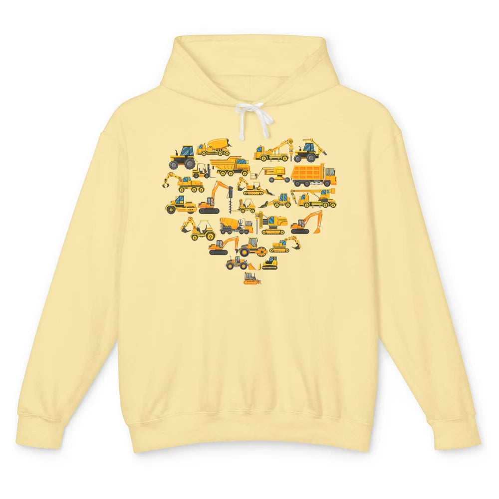 Types Of Construction Excavator Bulldozer Truck Heart Love Unisex Lightweight Hoodie