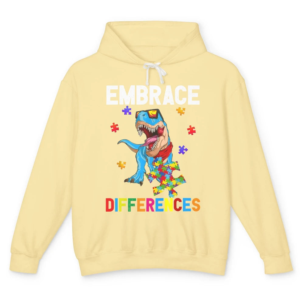 Autism Awareness Dinosaur Puzzle Piece Embrace Differences Unisex Lightweight Hoodie