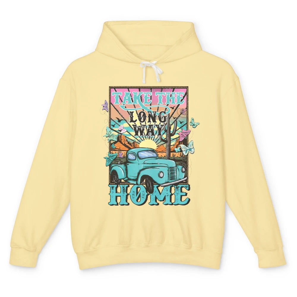 Retro Mountain Sunset Take The Long Way Home Western Country Unisex Lightweight Hoodie