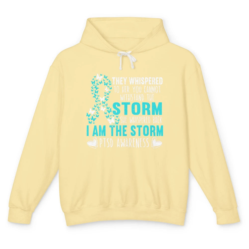 Teal Ribbon Butterfly The Storm Warrior PTSD Awareness Month Unisex Lightweight Hoodie