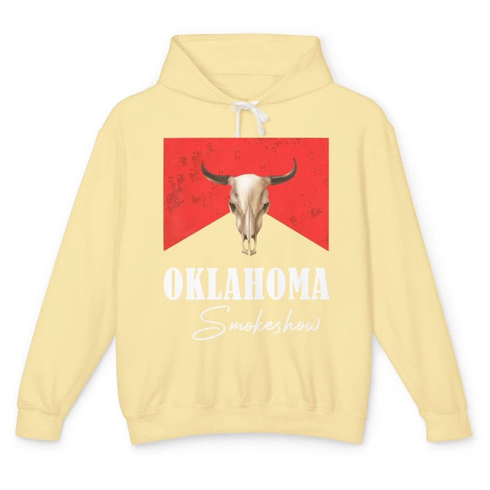 Boho Bull Skull Cow Print Oklahoma Smokeshow Western Country Unisex Lightweight Hoodie