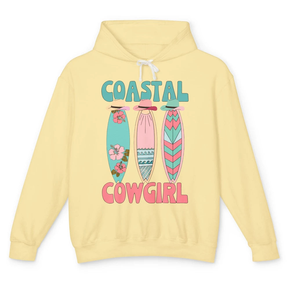 Retro Coastal Cowgirl Surfboards Western Cowgirl Beach Life Unisex Lightweight Hoodie