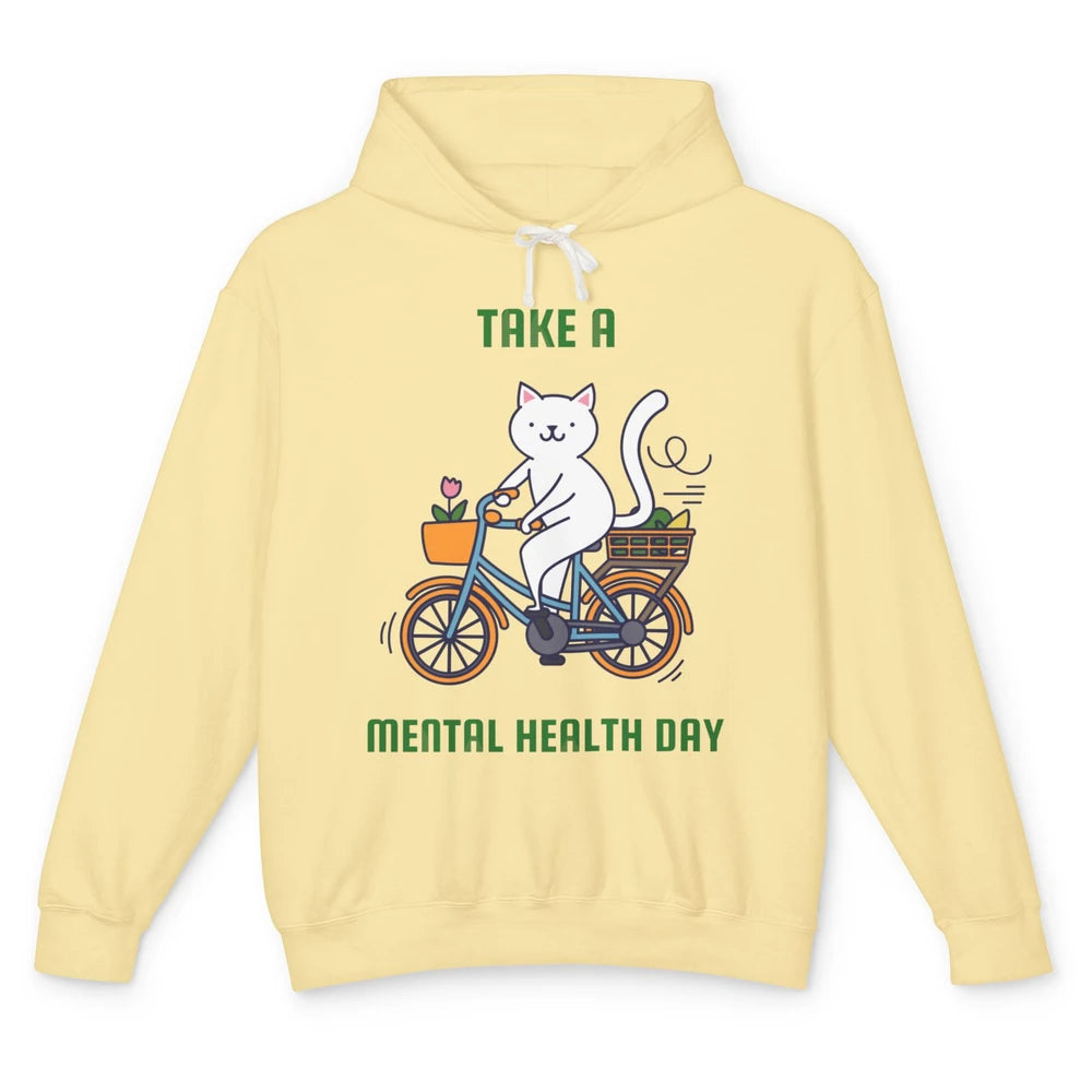 Take A Mental Health Day Cute Cat Bike Positive Therapist Unisex Lightweight Hoodie