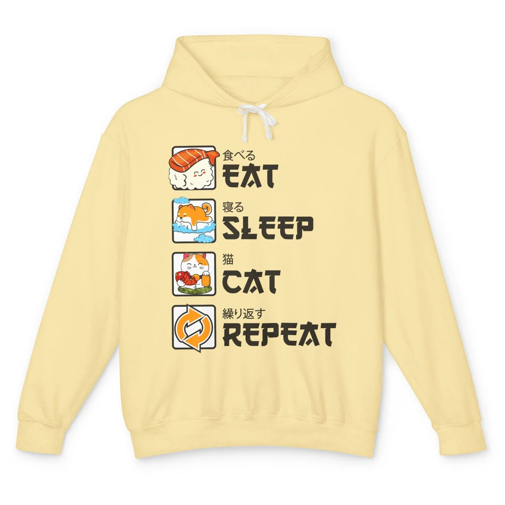 Funny Cat Neko Sushi Eat Sleep Cat Repeat Japanese Kawaii Unisex Lightweight Hoodie