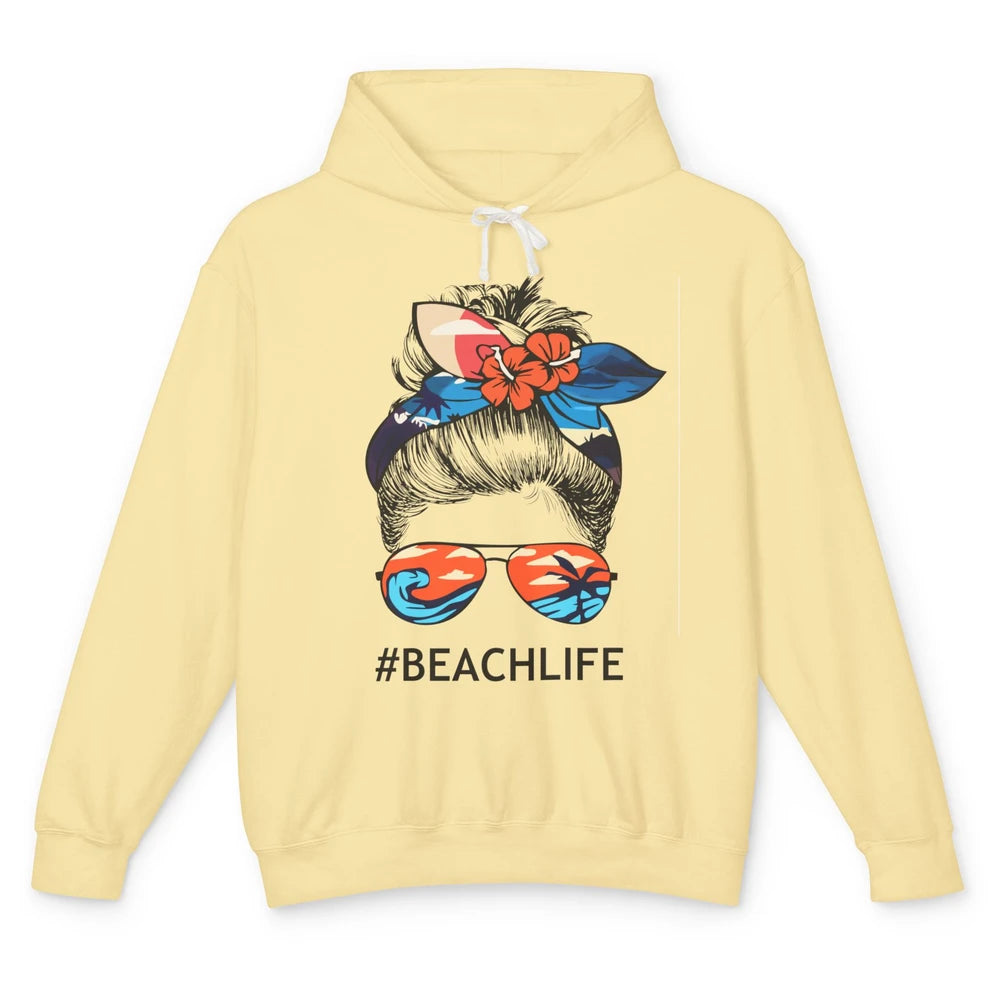 Beach Life Messy Bun Hawaiian Hair Retro Beach Palms Summer Unisex Lightweight Hoodie