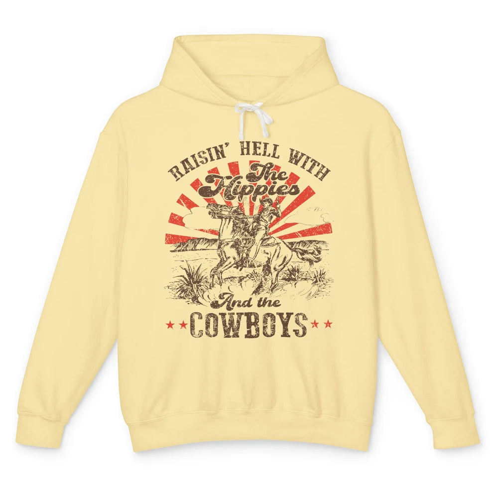 Retro Cowboy Raising Hell With Hippies And Cowboy Western Unisex Lightweight Hoodie