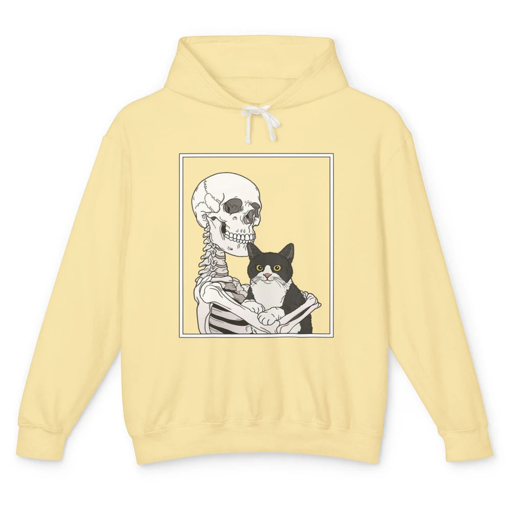 Skeleton Holding A Cat Lazy Halloween Costume Skull Kitten Unisex Lightweight Hoodie