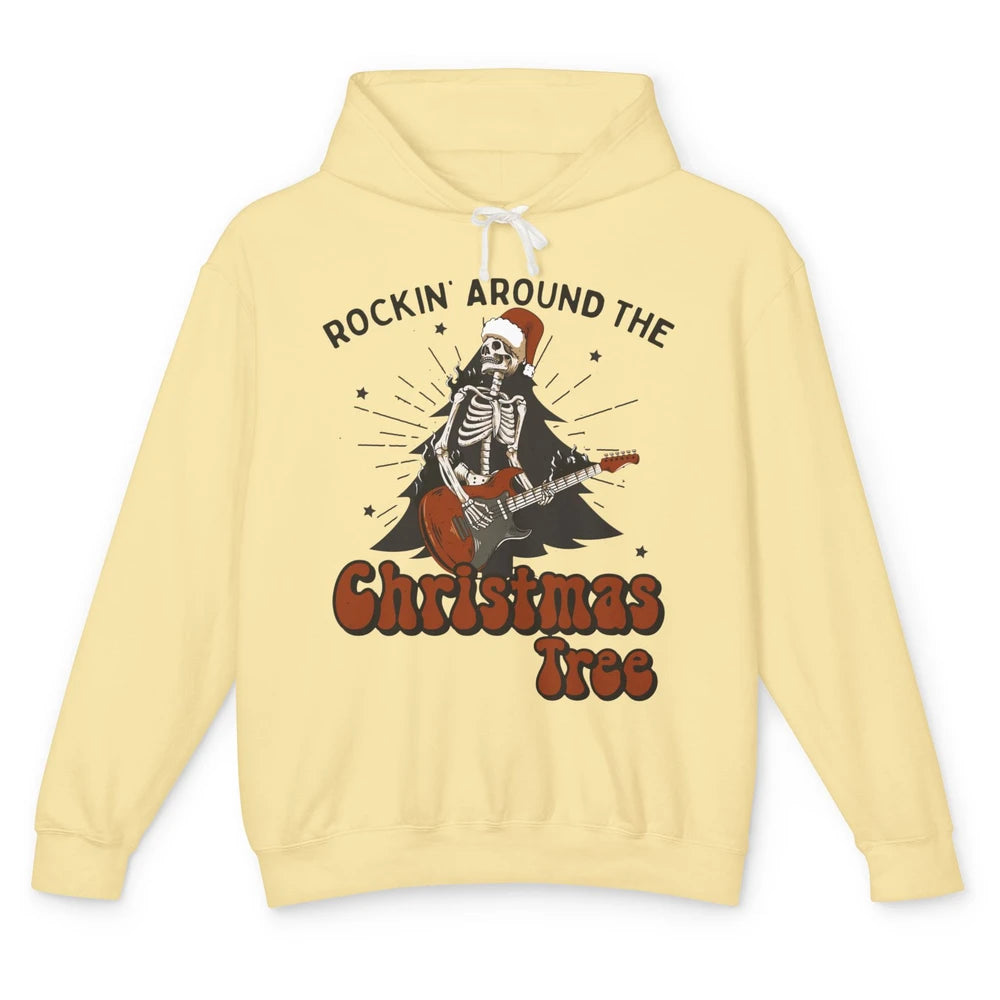 Skeleton Guitar Rocking Around Christmas Tree Western Xmas Unisex Lightweight Hoodie