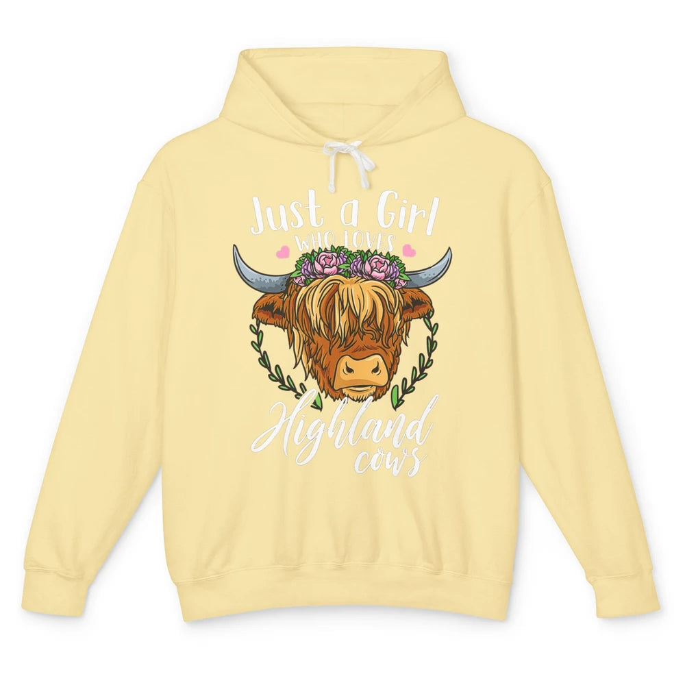 Vintage Just Girl Loves Highland Cow Floral Western Animal Unisex Lightweight Hoodie