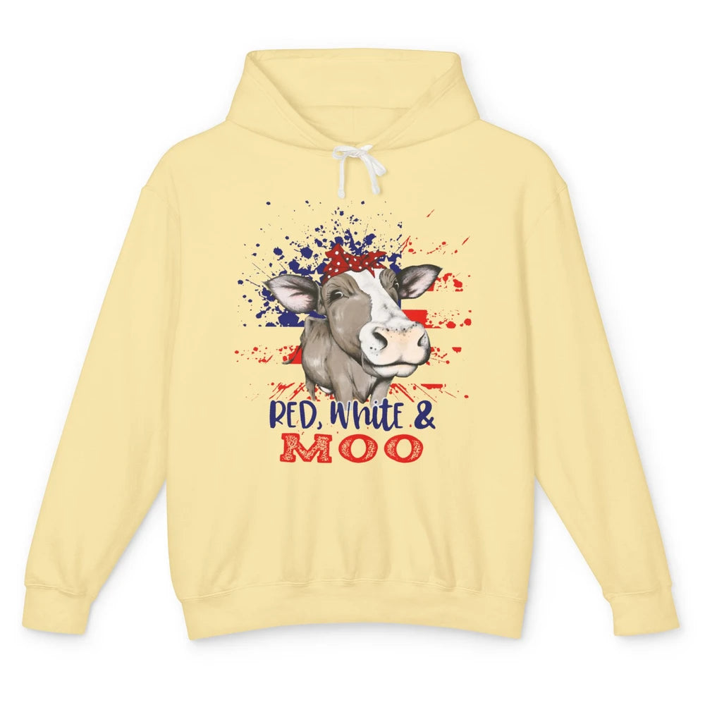 Red White Moo Cow America Flag 4th of July Patriotic Unisex Lightweight Hoodie