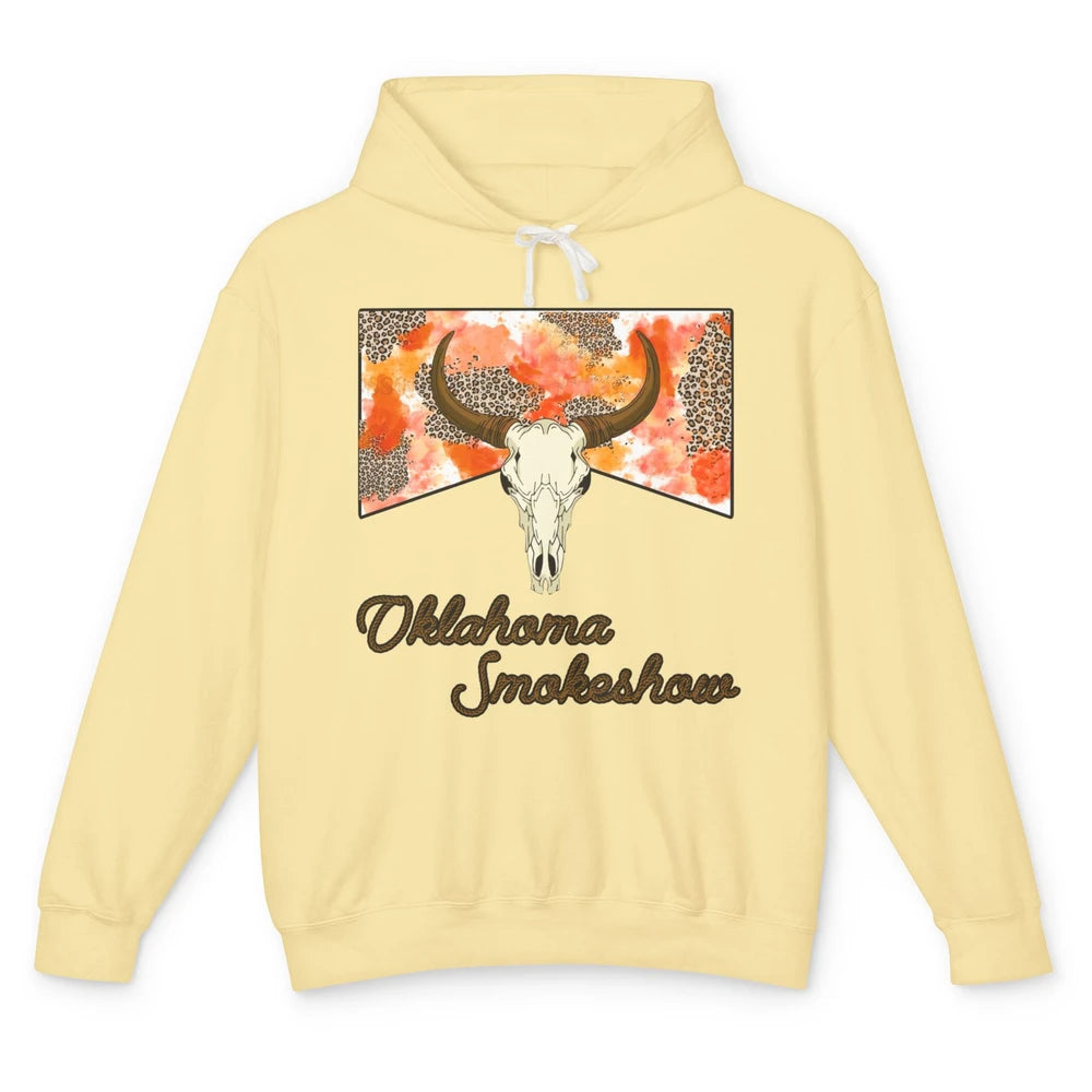 Boho Bull Skull Cow Print Oklahoma Smokeshow Western Country Unisex Lightweight Hoodie