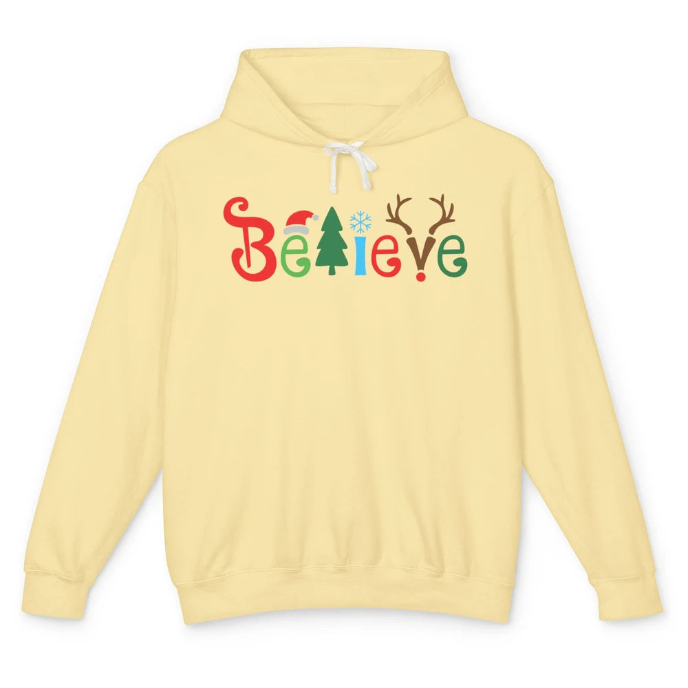 Funny Santa Claus Hat Believe Snowflakes Christmas Costume Unisex Lightweight Hoodie