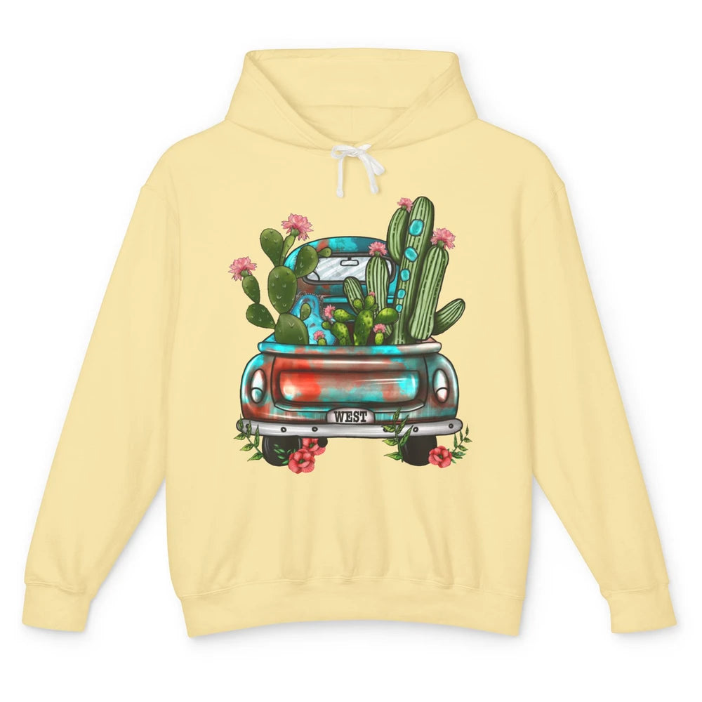 Turquoise Western Truck Desert Cactus Go West Western Gift Unisex Lightweight Hoodie