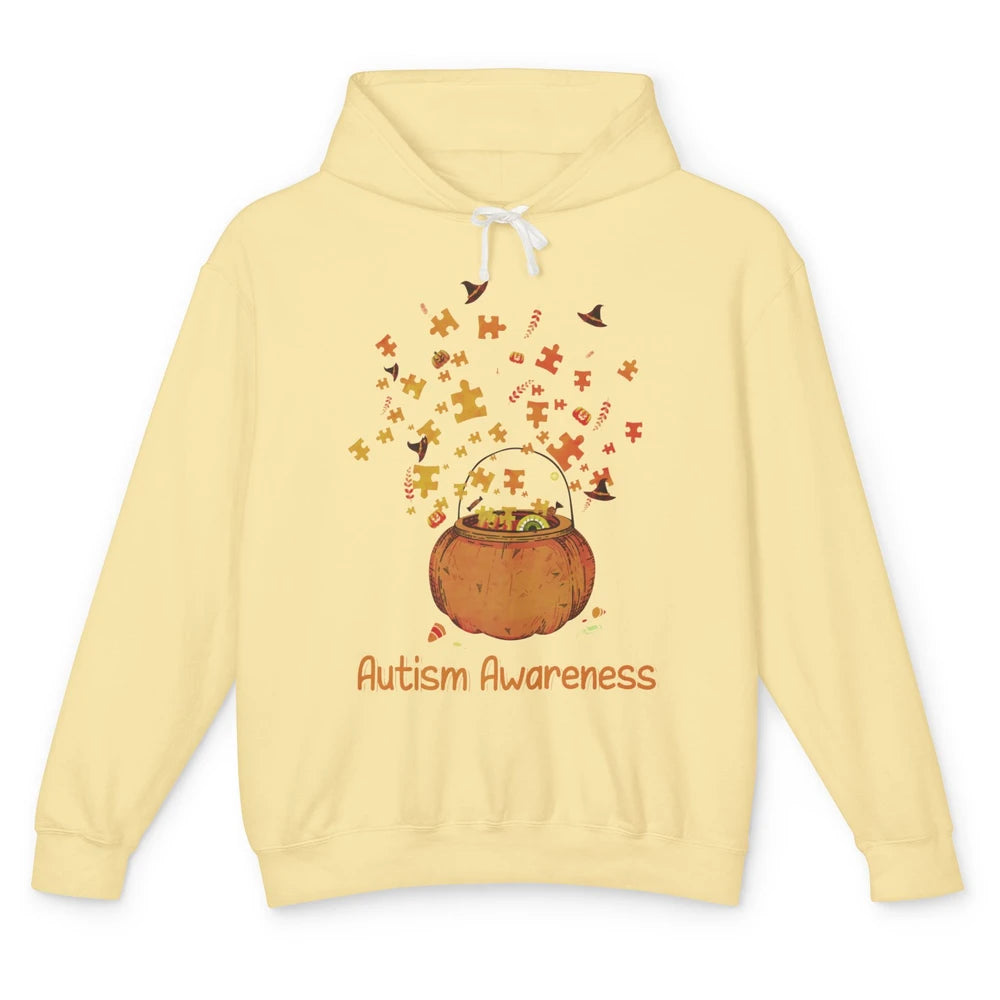 Halloween Autism Awareness Puzzle Piece Pumpkin Fall Unisex Lightweight Hoodie