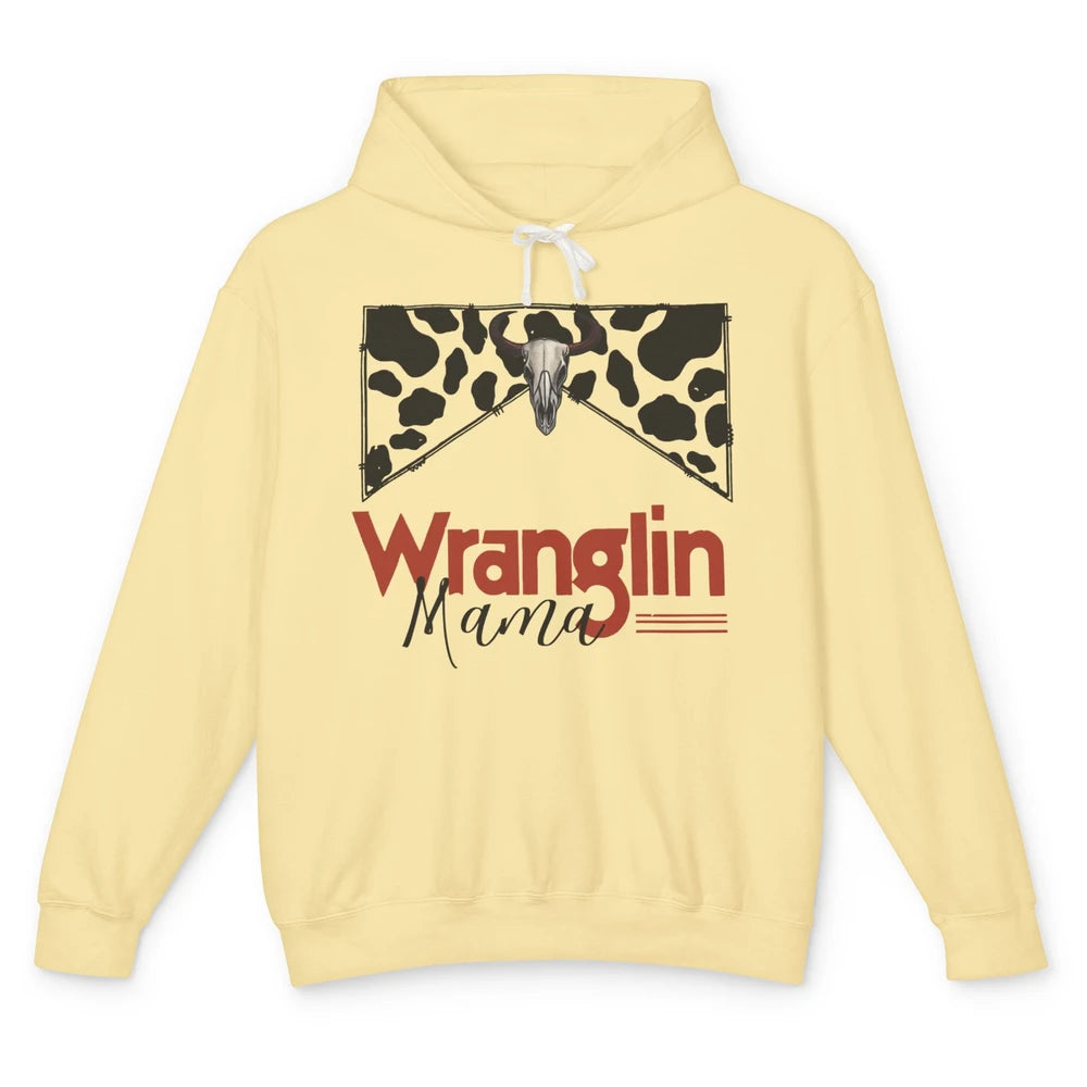 Retro Cowhide Bull Skull Wrangling Mama Western Country Girl Unisex Lightweight Hoodie