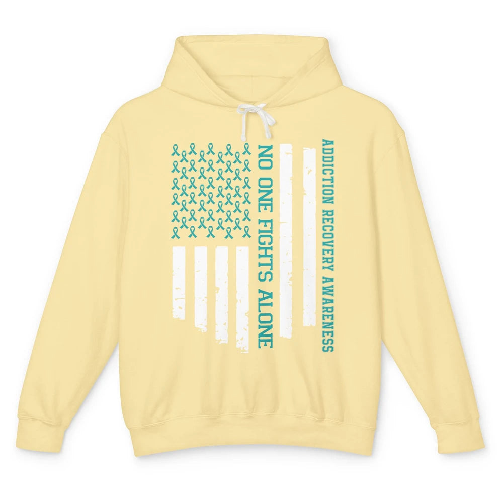 Addiction Recovery Awareness Teal Ribbon No One Fiht Alone Unisex Lightweight Hoodie