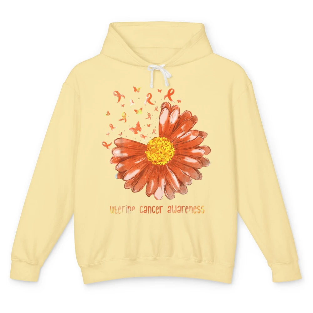 Daisy Butterfly Peach Ribbon Warrior Uterine Cancer Month Unisex Lightweight Hoodie