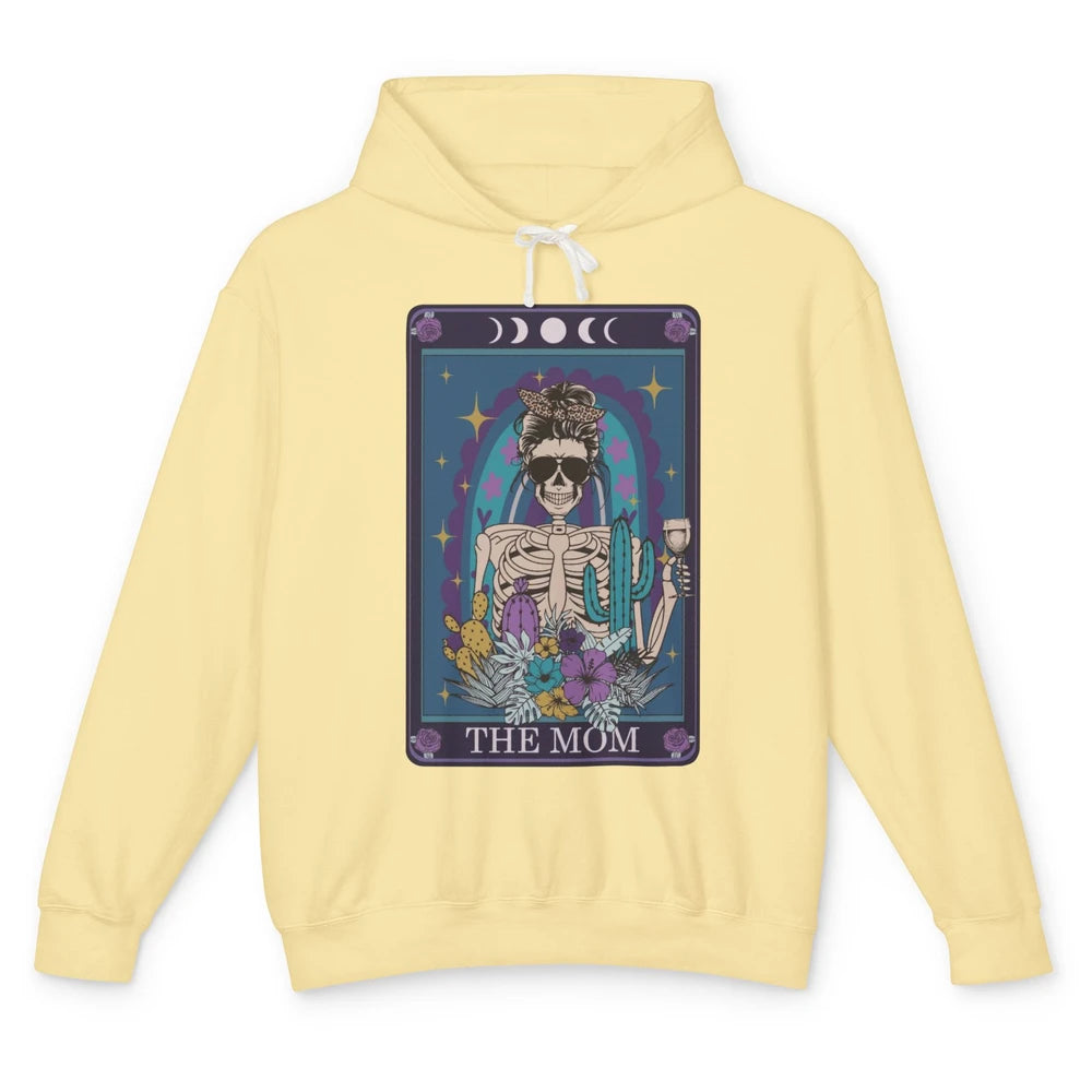 Skeleton Skull Messy Bun Mom Tarot Card The Mom Halloween Unisex Lightweight Hoodie