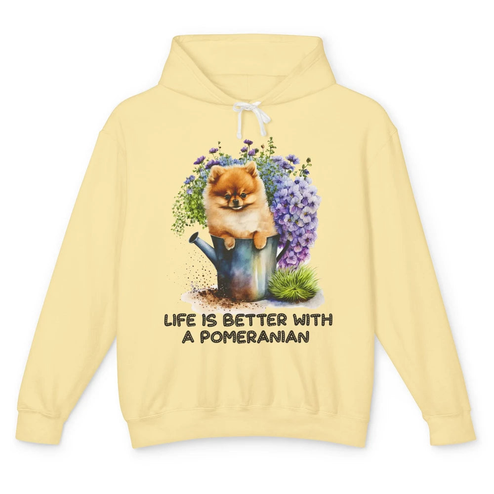 Cute Pomeranian Puppy Flowers Life Is Better With Pomeranian Unisex Lightweight Hoodie