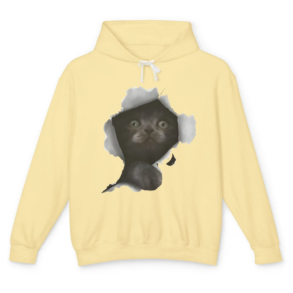 Funny Breaking Through Black Cat Sarcastic Hiding Kitten Unisex Lightweight Hoodie