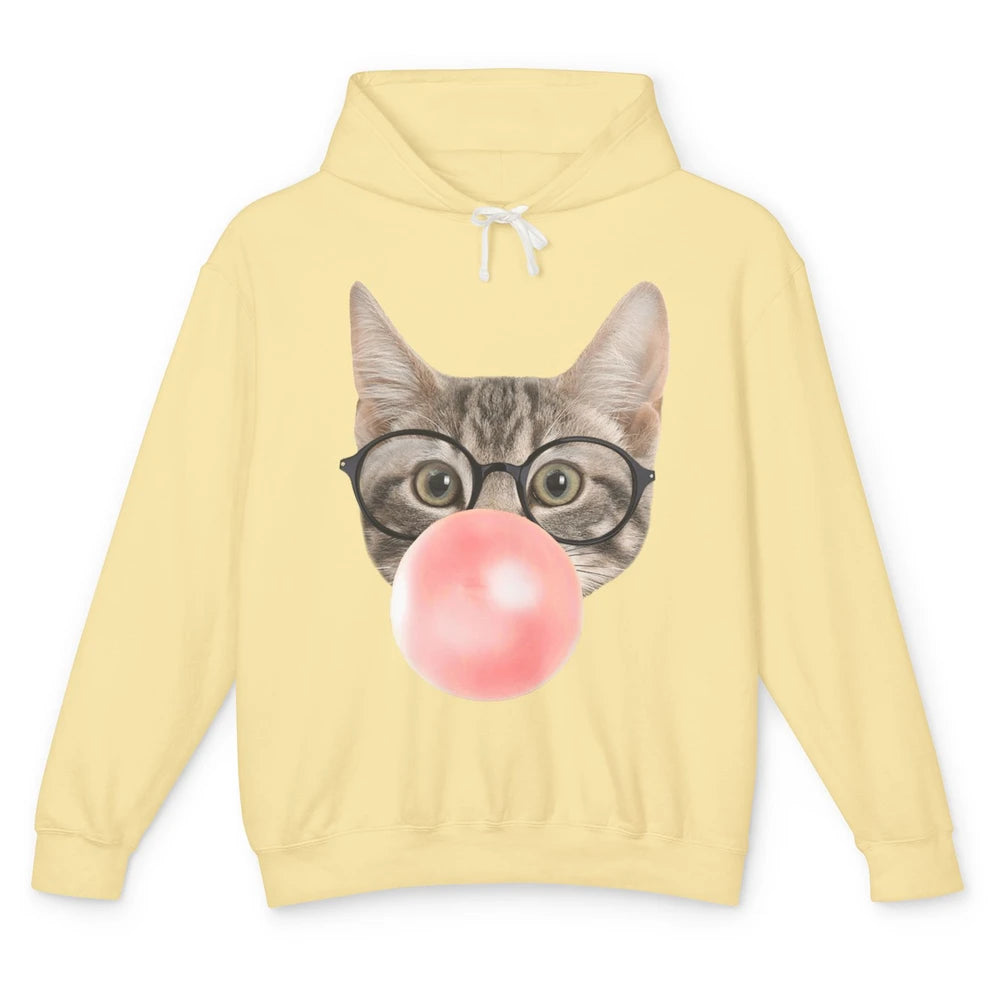 Funny Cat Blow Giant Bubble Gum Pink Glasses Sarcastic Pun Unisex Lightweight Hoodie