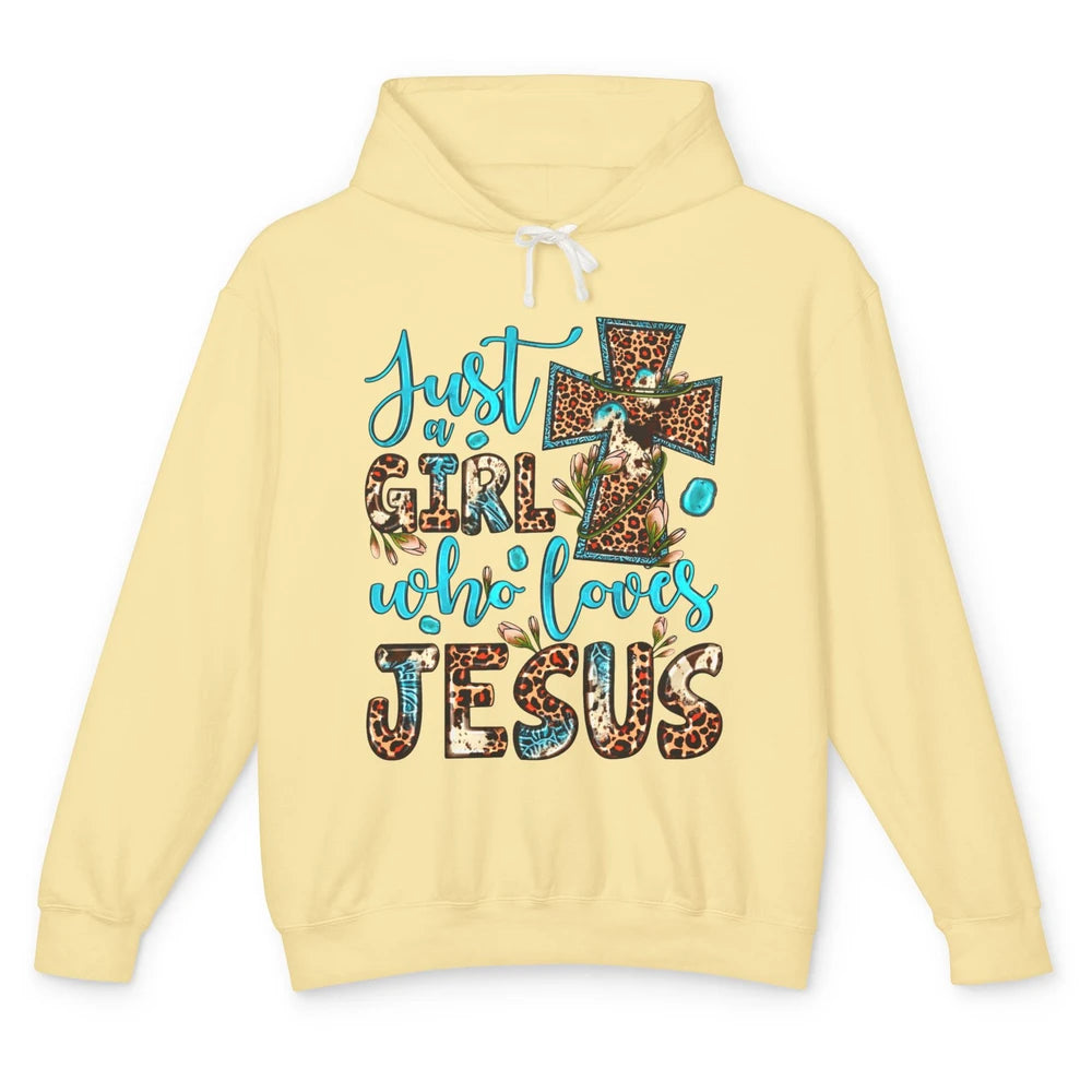 Leopard Cross Just A Girl Who Loves Jesus Christian Western Unisex Lightweight Hoodie