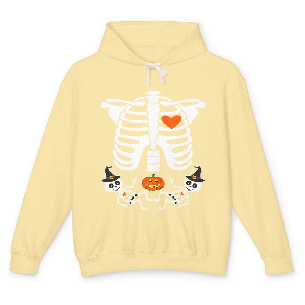 Pregnant Halloween Skeleton Baby Twins Witch Pumpkin Costume Unisex Lightweight Hoodie