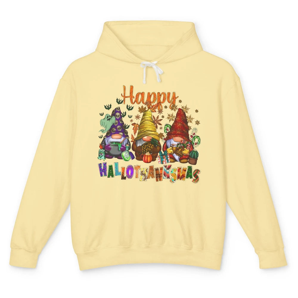 Pumpkin Gnomes Hallo-thank-mas Halloween Thanksgiving Xmas Unisex Lightweight Hoodie