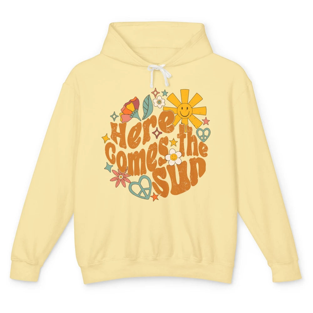 Retro Daisy Rainbow Sunrise Here Comes The Sun Hippie Girl Unisex Lightweight Hoodie