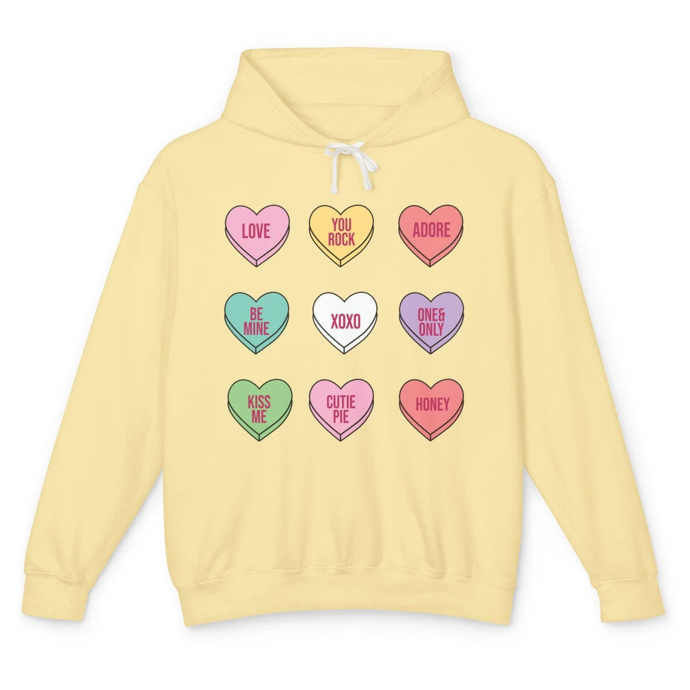 Conversation Hearts Valentines Love Boho V-Day Candy Rainbow Unisex Lightweight Hoodie