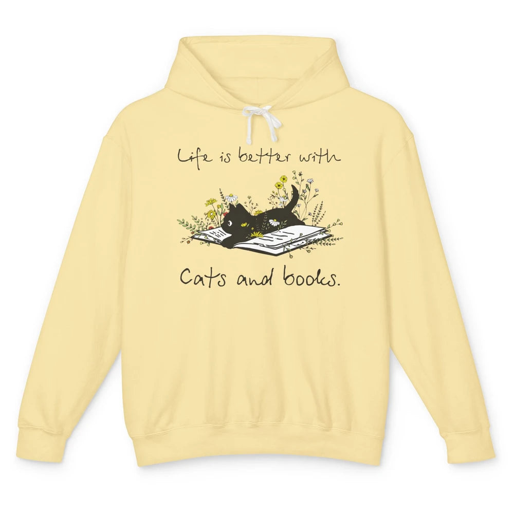 Funny Black Cat And Floral Book Cute Kitten Minimal Flowers Unisex Lightweight Hoodie