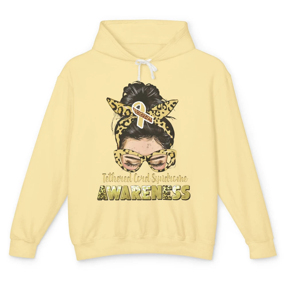 Tethered Cord Syndrome Ribbon Leopard Messy Bun Mom Glasses Unisex Lightweight Hoodie