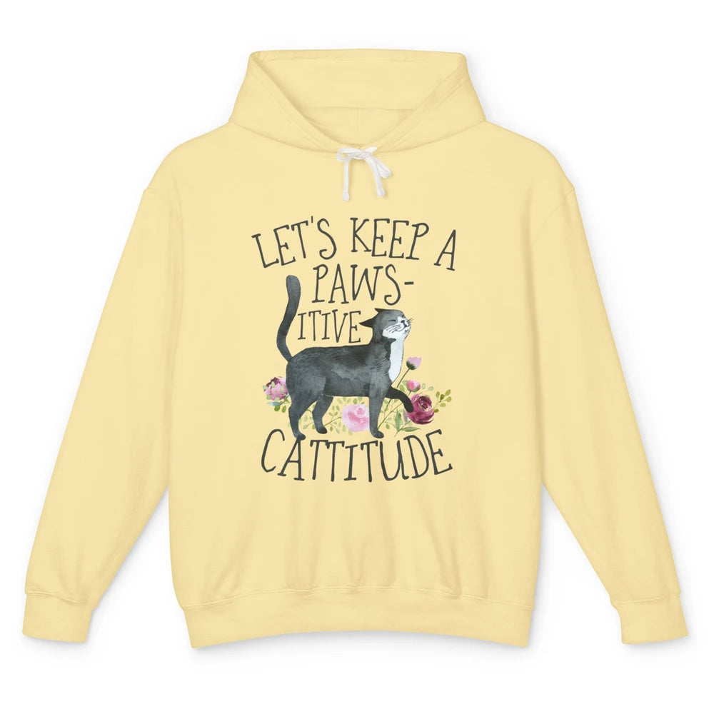 Watercolor Black Cat Lets Keep Pawsitive Cattitude Positive Unisex Lightweight Hoodie