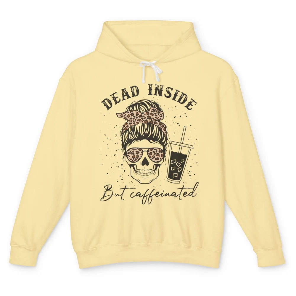 Funny Messy Bun Skull Dead Inside But Caffeinated Leopard Unisex Lightweight Hoodie